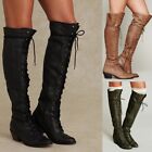 Women's Low Heels Round toe PU Leather Lace Ups Knight Knee-High Boots US4.5-10