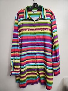 L&B Bright Stripes Button Down Shirt Dress Size 3XL Floral Buttons Pockets