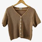 Vintage Open Knit Summer Cropped Cardigan Top Button Made USA Tan Coastal Medium