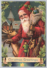 Postcard Christmas Greetings Santa Bag of Toys Reindeer and Church Modern