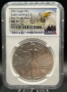 2021 SILVER AMERICAN EAGLE **NGC MS70*** EAGLE LANDING T-2 FIRST DAY OF ISSUE