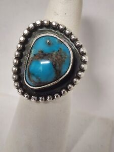 Old Pawn Navajo Handmade Sterling Silver Bisbee Turquoise Ring Size 7
