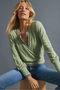 Anthropologie Top Womens XS Green Knit Mock Wrap Cropped Boho Pullover Shirt