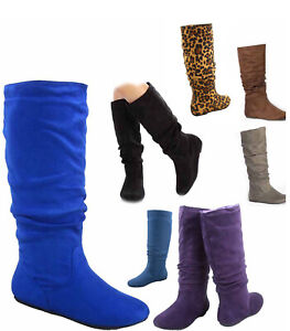 Women's Casual Comfort Mid Calf Knee High Round Toe Slouch Flat Heel Boot Shoes