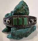Old Pawn Navajo Royston Turquoise & Coin Silver Cuff Bracelet-Whirling Logs-6.7