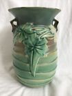 Vtg ROSEVILLE Pottery,LUFFA Double Handled Vase, 7.25” Tall- 1930’s-Green/brown-