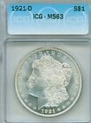 BEAUTY!  1921-D WHITE Morgan silver dollar in ICG MS63 plastic