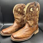 Justin Mens Square Toe Western Boots Leather Size 10.5D Cowboy Brown Pull Holes
