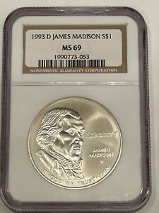 1993 D James Madison Commemorative Silver Dollar NGC MS69 90% Silver