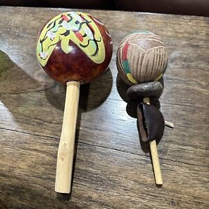 Vtg Handmade Jamaican Maraca Seed Pod Rhythm Percussion - Lot Of Two