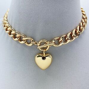 Glam Cuban Link Chain Choker Style Love Heart Shape Pendant Gold Tone Necklace
