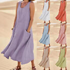 Plus Size Women's Sleeveless Cotton Linen Swing Sundress Beach Long Maxi Dress