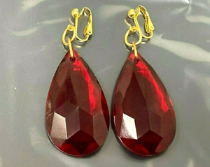 Vintage Dark Red Acrylic Lucite Dangling Large Gold tone Clip on Earrings