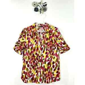 Lafayette 148 New York Button Front Blouse Top Ruched Sleeve Size 16 Multi Color