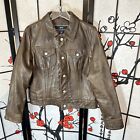 Vintage GAP Distressed Leather Trucker Jacket Womens M Brown Patina Button 90s