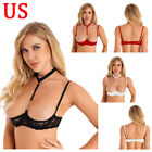 US Women Sheer Lace Strappy Lingerie 1/4Cup Bare Breast Underwire Push Up Bra