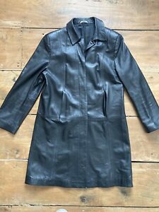 Marks And Spencer Black Leather Coat / Jacket Size 16, Midi Length, 90s Y2K
