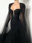 Black Gothic Mermaid Wedding Dresses With Cape Tulle Applique Bride Gowns Train