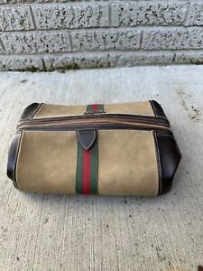 Vintage 1950s 60s Brown Leather Shaving Toiletries Make up Bag Gucci Style