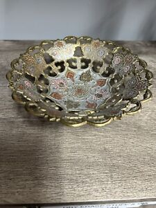 Vintage Brass  Bowl Scalloped Edge Painted Floral - 7 1/2” Diameter