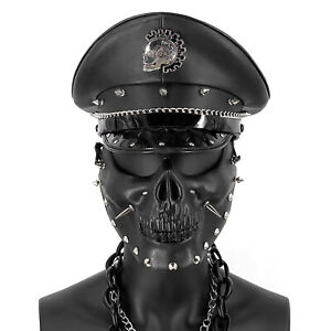 Men Leather Army Cap With Steampunk Gothic Mask for Party Costume(Free Necklace)