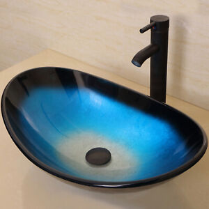 Cool Black-Edge Oval Vessel Sink Tempered Glass w/ORB Faucet&Drain for Bathroom
