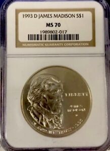 1993 D JAMES MADISON Silver Dollar $1 MS70 NGC💥FLAWLESS QUALITY💥