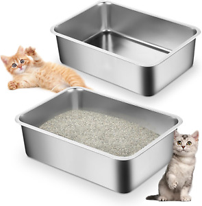 2 Pack Stainless Steel Cat Litter Box, 6 Inch Height Large Metal Litter Box, Hig