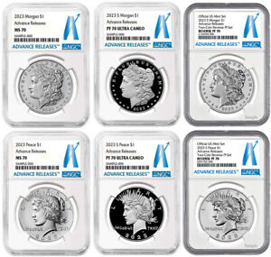 2023 (MS70/PF70) 6-Coin Set $1 Morgan & Peace Dollar Advance Releases AR NGC