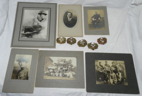 New ListingLot of 6 Cabinet Cards - some Military related + 6 Band Regiment Hat Badges