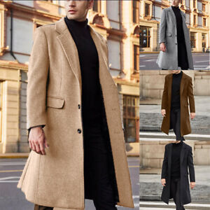 Men Wool Trench Coats Long Sleeve Winter Jacket Overcoat Outwear Cardigan Formal