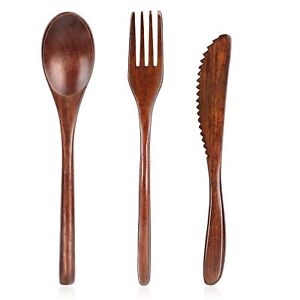 3 Pcs Wooden Forks and Spoons Wooden Utensils for Eating Wood Cutlery Set Por...