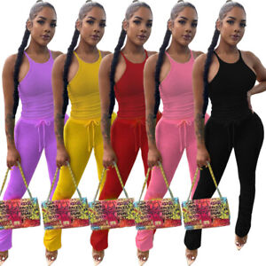 Fashion New Women Sleeveless Drawstring Pleated Patchwork Solid Casual Pants Set