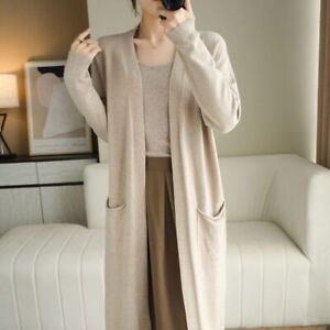 Women's Cashmere Cardigan Autumn Long Knitted V-neck Wool Coats Mid Length