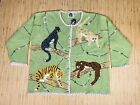 Storybook Knits Big Jungle Cats Embroidered Cardigan Size 2XL Green Stained