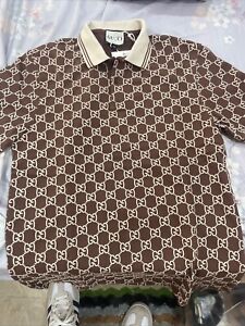 GUCCI GG Men’s logo all over stretch Polo Shirt Brown Cream LARGE
