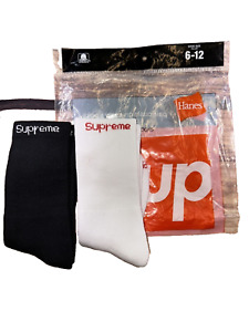 New Supreme Hanes Crew Socks 2-Pack BLack/ White 100% Authentic Size 6-12