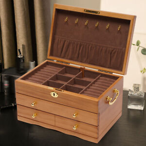 Large Capacity Wooden Jewelry Box 3 Layers + Safe Lock Retro Organizer Case