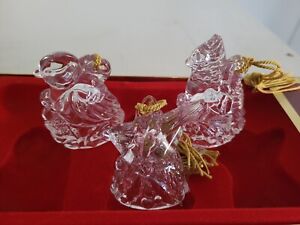 GORHAM GLASS CRYSTAL CHRISTMAS LOT OF 3 BIRDS ORNAMENTS WITH GOLD TASSEL