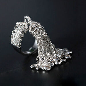 18k White Gold Plated Haute Couture Fringe Tassel Ring made w Swarovski Crystal