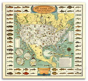 Big Game Fish Map - 1930s Vintage Fishing Map Art Print Poster - 16x17