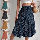 Women Midi Skirt Floral Print Skirts Ladies Boho Summer High Waist Swing Casual