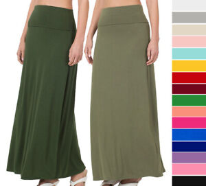 Women's Fold Waist Maxi Skirt Casual Lounge Solid Jersey Knit Relaxed Long Basic