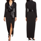 New Eliza J Tuxedo Wrap Maxi Gown Women's Satin Collar Long Sleeve Black Size 16