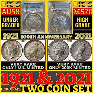 1921 & 2021 PEACE DOLLAR PCGS MS70 AU58 TWO COIN SET KEY DATE SILVER $ HIGHGRADE