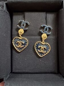Chanel gold navy blue gold metalheart drop cc earrings