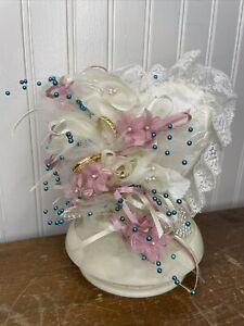 1984 Wilton Wedding Cake Topper Hearts Lace Rings Aqua Beads Ribbons Flower READ