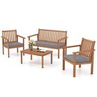 4 Pcs Patio Garden Acacia Wood Furniture Sofa Set Cushioned Chair & Coffee Table