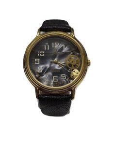 Quartz Wristwatch Floating Gear Liquid Display w/Genuine Leather (New!) Vintage