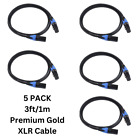 LOT 5 Pack Premium Gold XLR 3ft Patch Male-Female Microphone Cable Neutrik Style